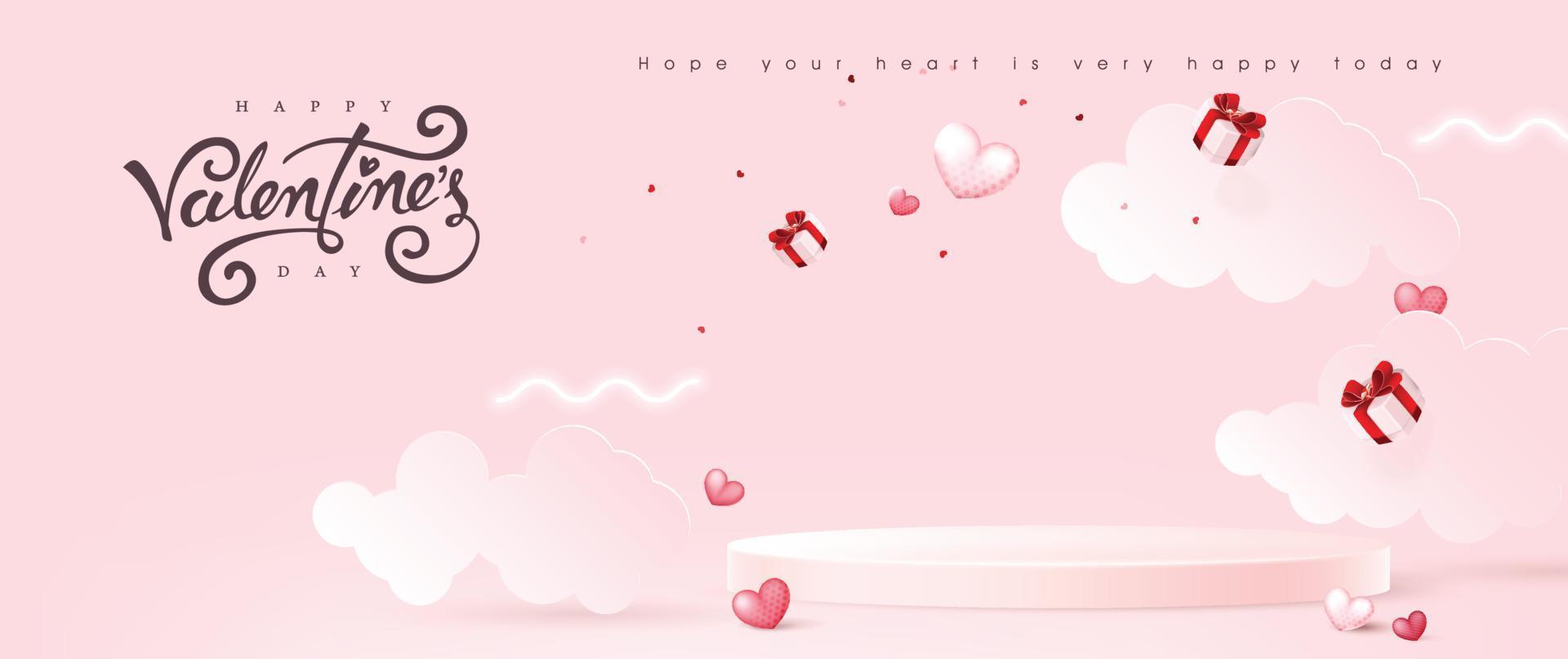 fondo del día de san valentín con globos en forma de corazón y diseño de texto en la pantalla del podio vector