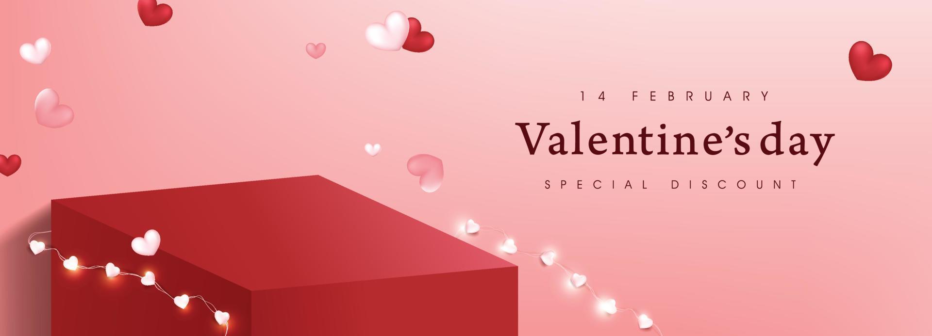 fondo de banner de venta del día de san valentín con exhibición de mesa de productos y decoración festiva para el día de san valentín vector