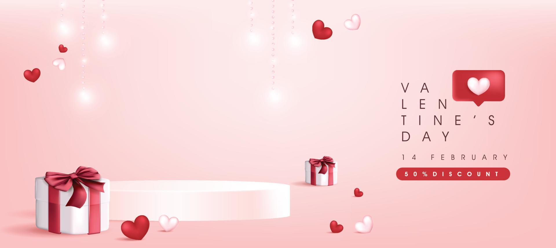 fondo de banner de venta de san valentín con forma cilíndrica de exhibición de producto y lazo rojo de caja de regalo vector