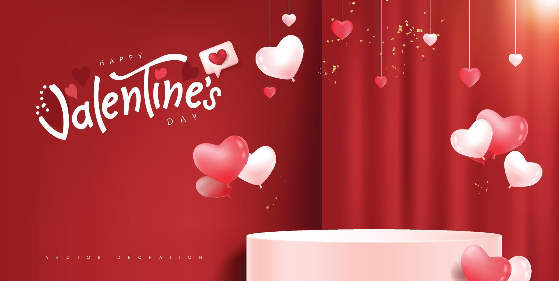 fondo de banner de venta del día de san valentín con forma cilíndrica de exhibición de producto de escenario rojo y globo en forma de corazón vector