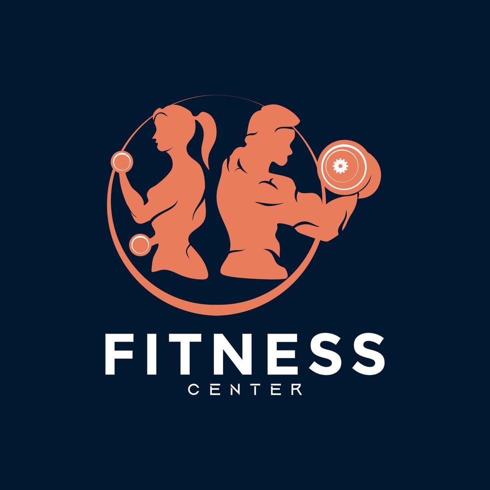 Fitness Center Logo. Sport and fitness logo design. Gym Logo Icon Design Vector Stock, or emblem with woman and man silhouette. Woman and Man holding dumbbells.