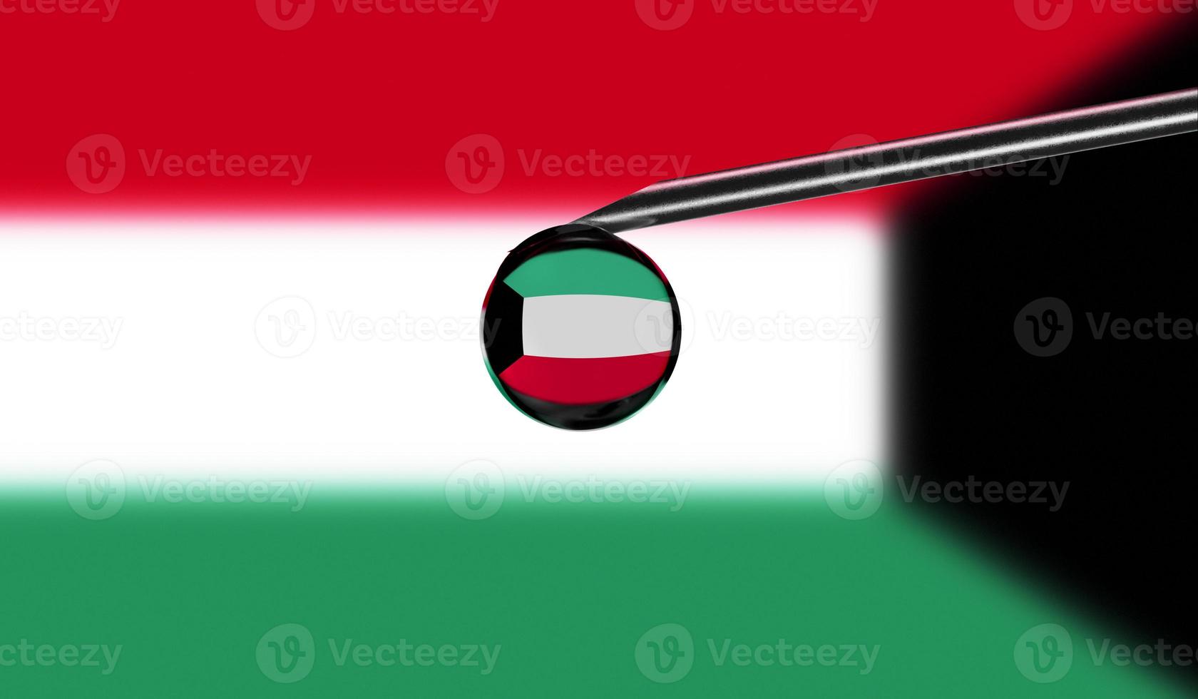 Vaccine syringe with drop on needle against national flag of Kuwait background. Medical concept vaccination. Coronavirus Sars-Cov-2 pandemic protection. National safety idea. photo