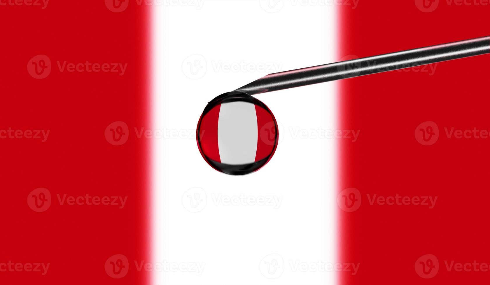 Vaccine syringe with drop on needle against national flag of Peru background. Medical concept vaccination. Coronavirus Sars-Cov-2 pandemic protection. National safety idea. photo