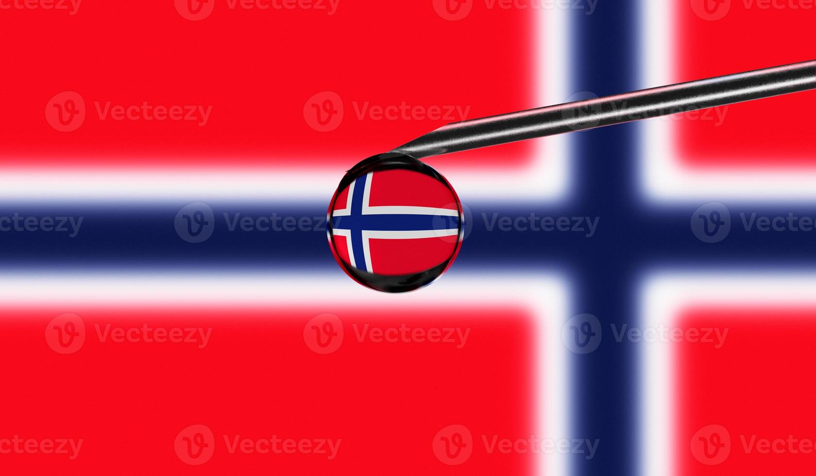 Vaccine syringe with drop on needle against national flag of Norway background. Medical concept vaccination. Coronavirus Sars-Cov-2 pandemic protection. National safety idea. photo