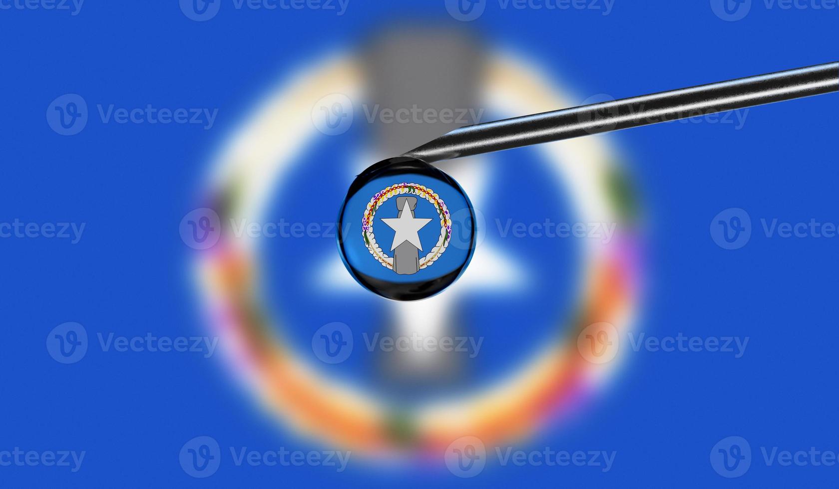 Vaccine syringe with drop on needle against national flag of Northern Mariana Islands background. Medical concept vaccination. Coronavirus Sars-Cov-2 pandemic protection. National safety idea. photo