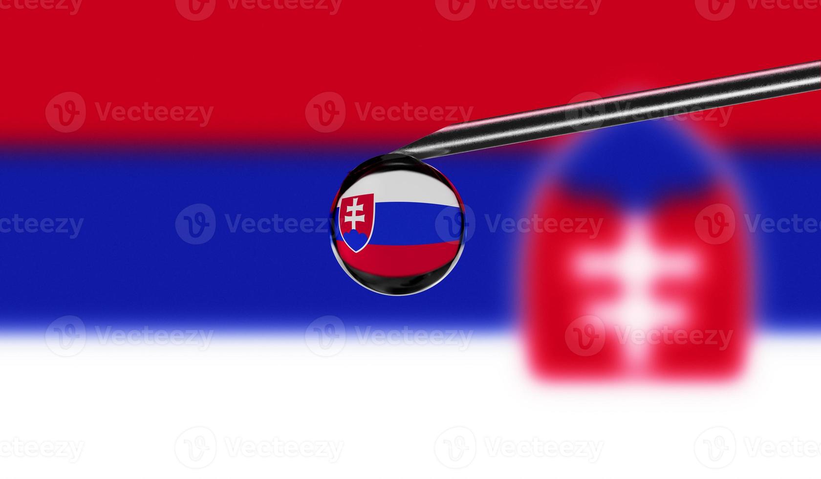 Vaccine syringe with drop on needle against national flag of Slovakia background. Medical concept vaccination. Coronavirus Sars-Cov-2 pandemic protection. National safety idea. photo