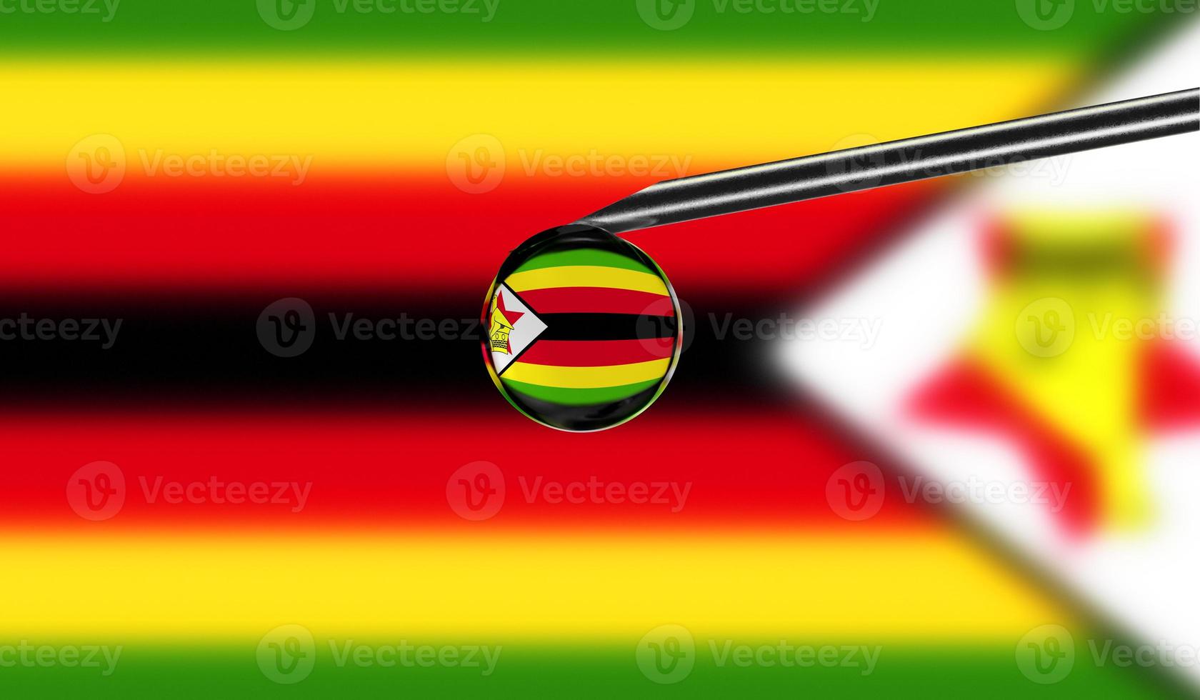 Vaccine syringe with drop on needle against national flag of Zimbabwe background. Medical concept vaccination. Coronavirus Sars-Cov-2 pandemic protection. National safety idea. photo