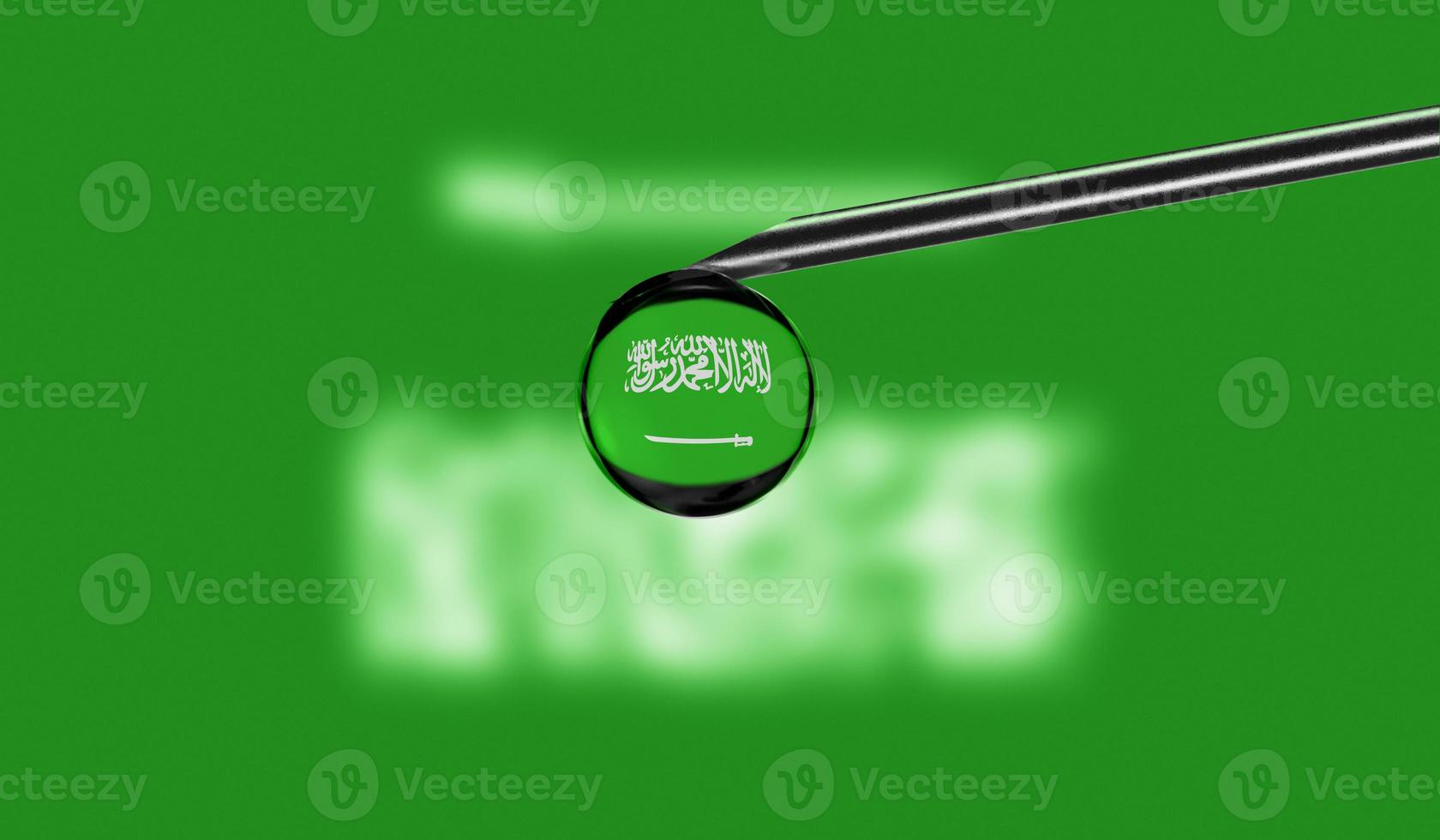 Vaccine syringe with drop on needle against national flag of Saudi Arabia background. Medical concept vaccination. Coronavirus Sars-Cov-2 pandemic protection. National safety idea. photo