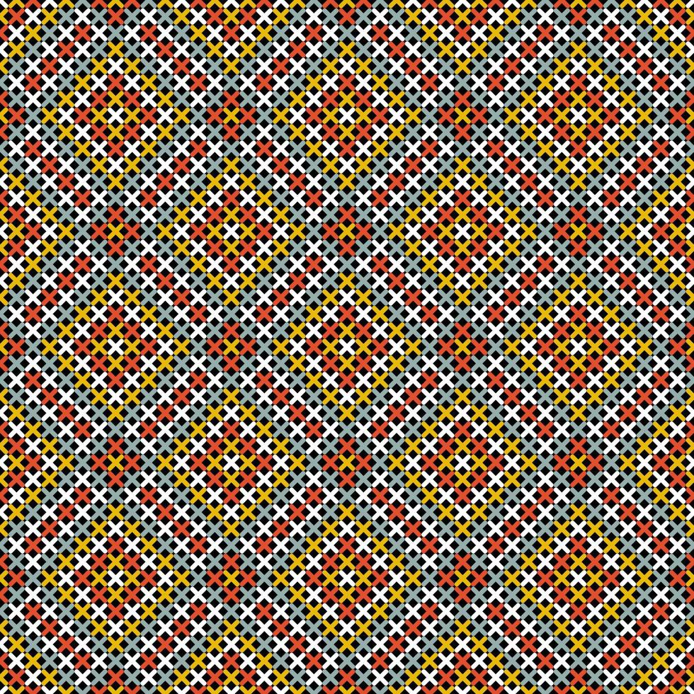 BLACK SEAMLESS VECTOR BACKGROUND WITH GEOMETRIC CROSS STITCH PATTERN IN YELLOW AND RED SHADES