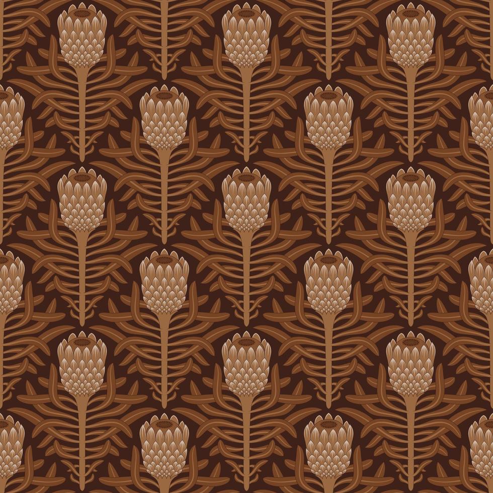 BROWN SEAMLESS VECTOR BACKGROUND WITH STYLIZED BLOOMING PROTEA