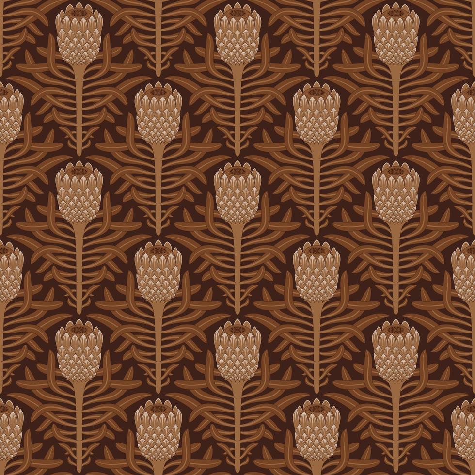 BROWN SEAMLESS VECTOR BACKGROUND WITH STYLIZED BLOOMING PROTEA