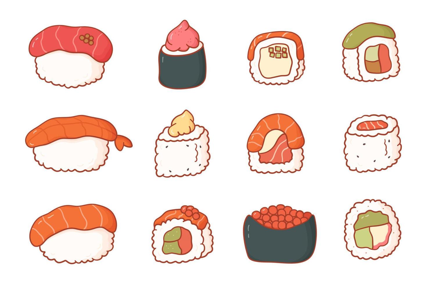 Doodle set of sushi and rolls. Vector illustration asian food in cartoon style on white background