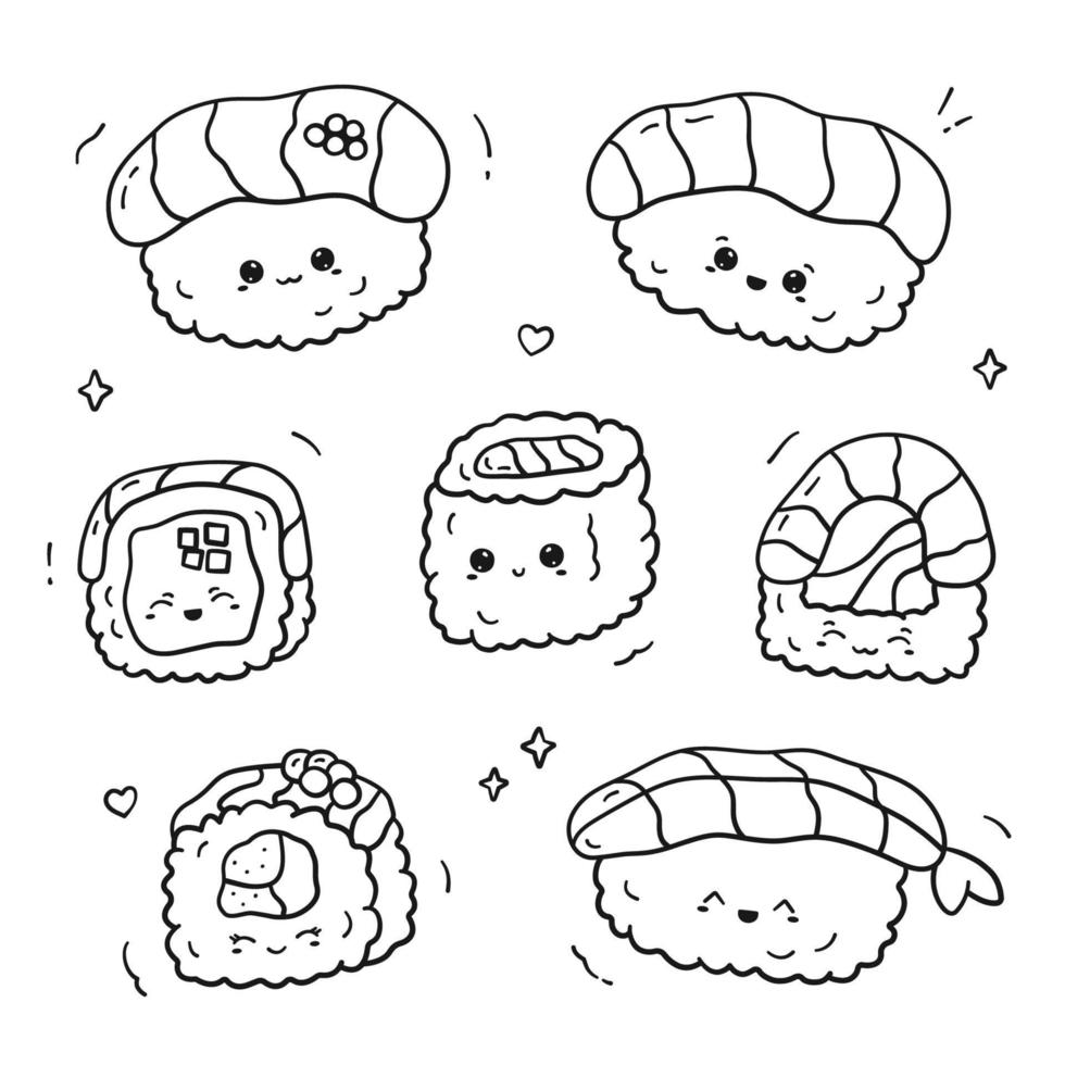 Set of linear kawaii sushi and rolls. Coloring book of cute asian food with funny and happy face in doodle style. Vector illustration