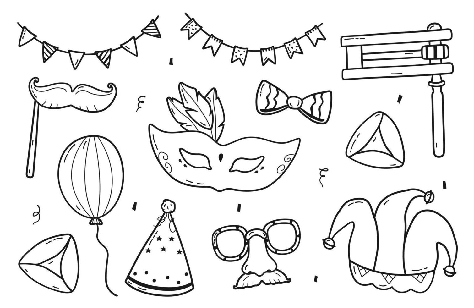 conjunto de elementos dibujados a mano purim. colección de vectores de máscaras de carnaval de vacaciones, gragger, galletas hamantaschen, sombrero de bufón, globo, arco, confeti, sombrero de fiesta y garland en estilo doodle