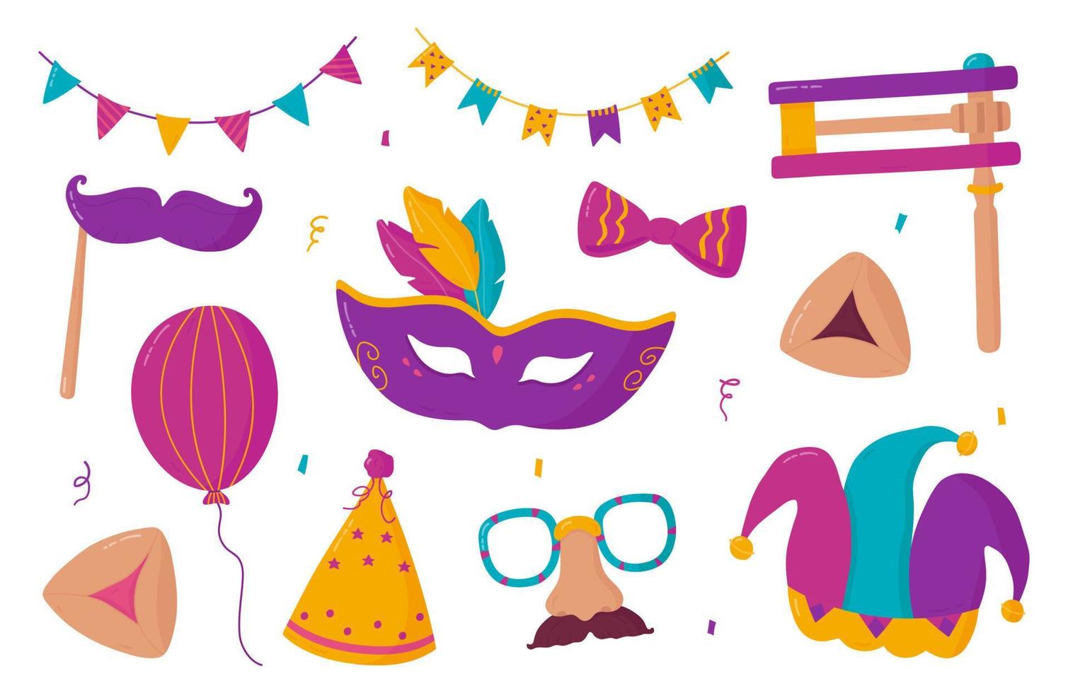Purim elements set. Vector collection of holiday carnival masks, gragger, Hamantaschen cookies, jester hat, balloon, bow, confetti, party hat and garland isolated on white background