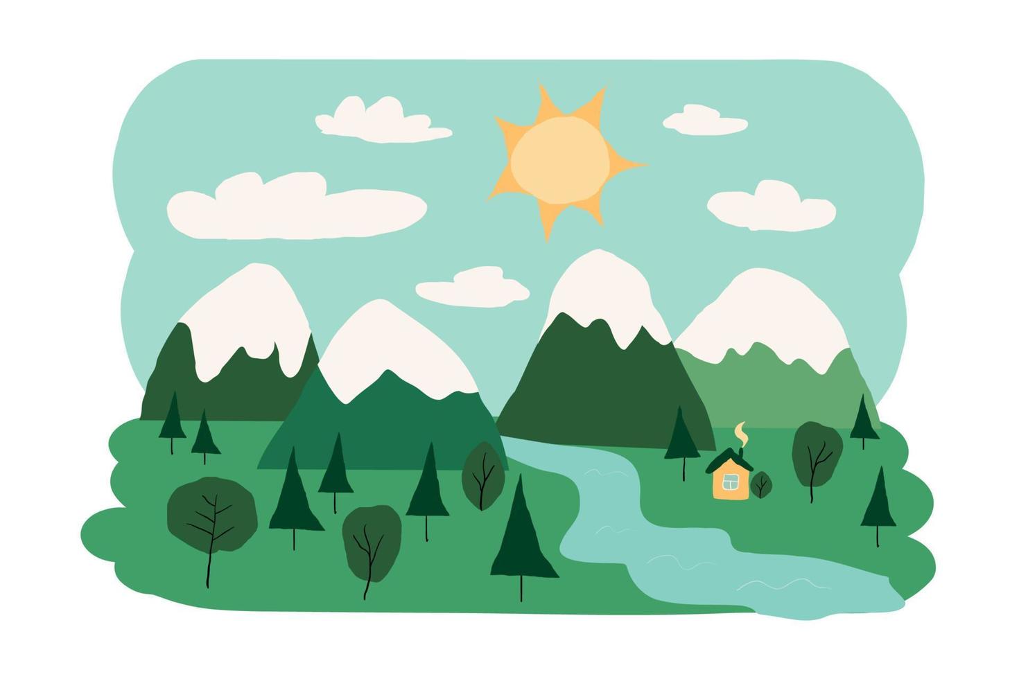 Color flat vector illustration of nature with mountains in Scandinavian style. Landscape with a nice house.