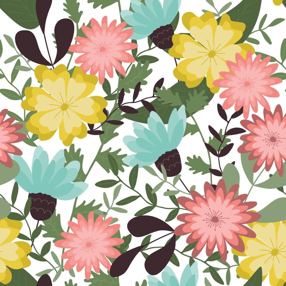 Vector seamless pattern with hand drawing wildflowers, colorful botanical illustration. Artistic backdrop with floral elements, hand drawn.