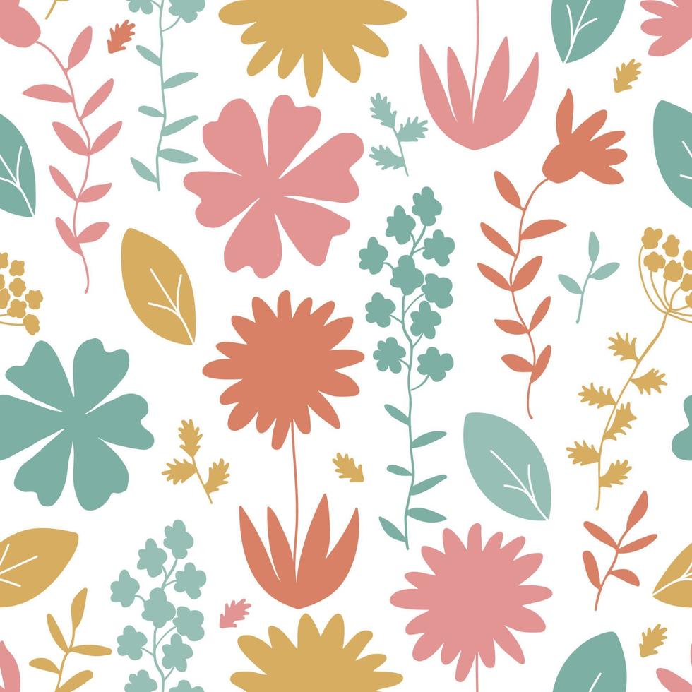 Vector seamless pattern with hand drawing wildflowers, colorful botanical illustration. Artistic backdrop with floral elements, hand drawn.
