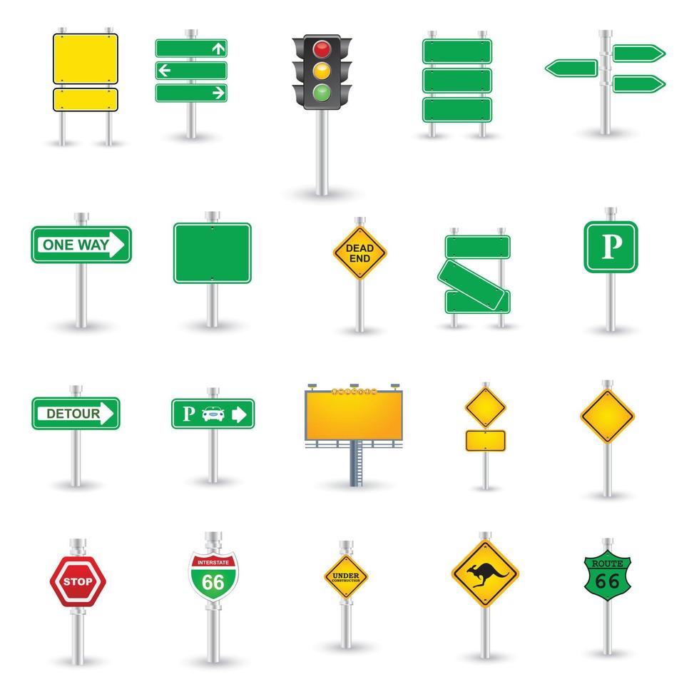 Collection of warning, mandatory, prohibition and information traffic signs. European traffic signs collection. Vector illustration.
