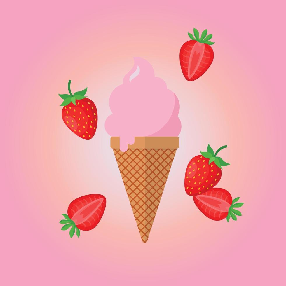 Strawberry ice cream in the cone with fresh strawberry vector