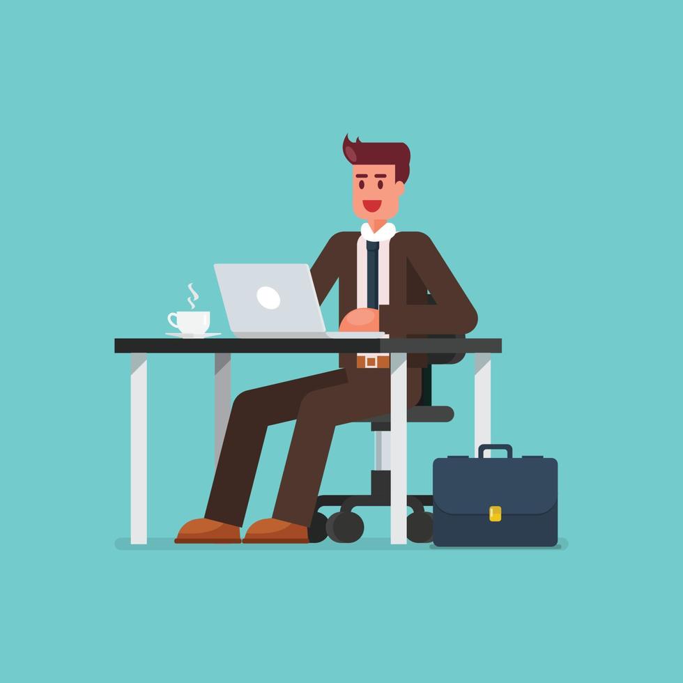 Business man working on a laptop computer at office desk vector