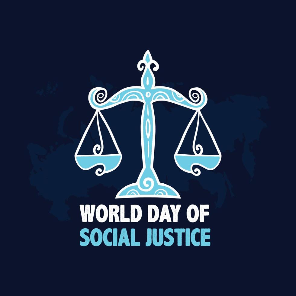 World day of social justice vector illustration with scales of justice hand on blue color peace background