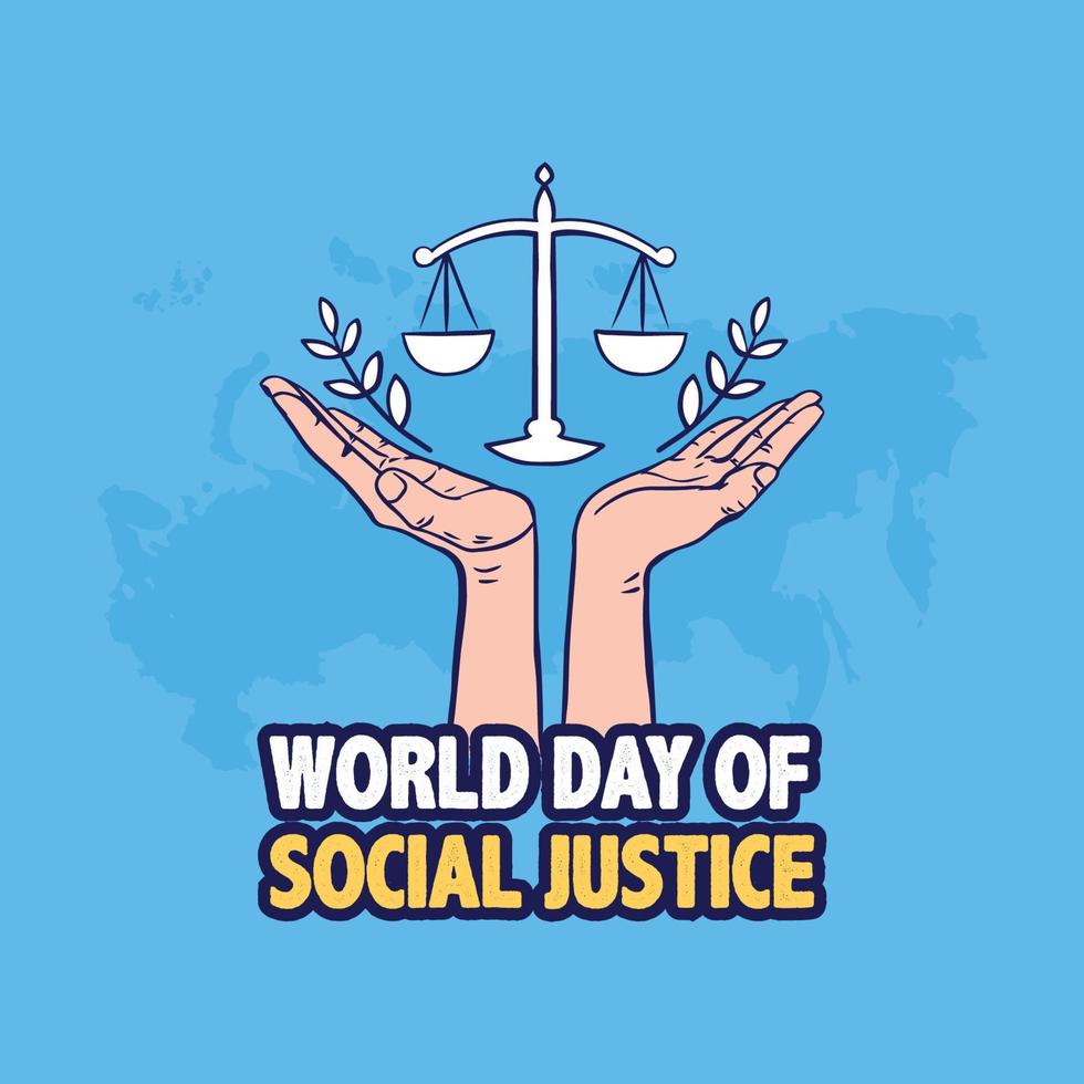 World day of social justice vector illustration with scales of justice hand on blue color peace background