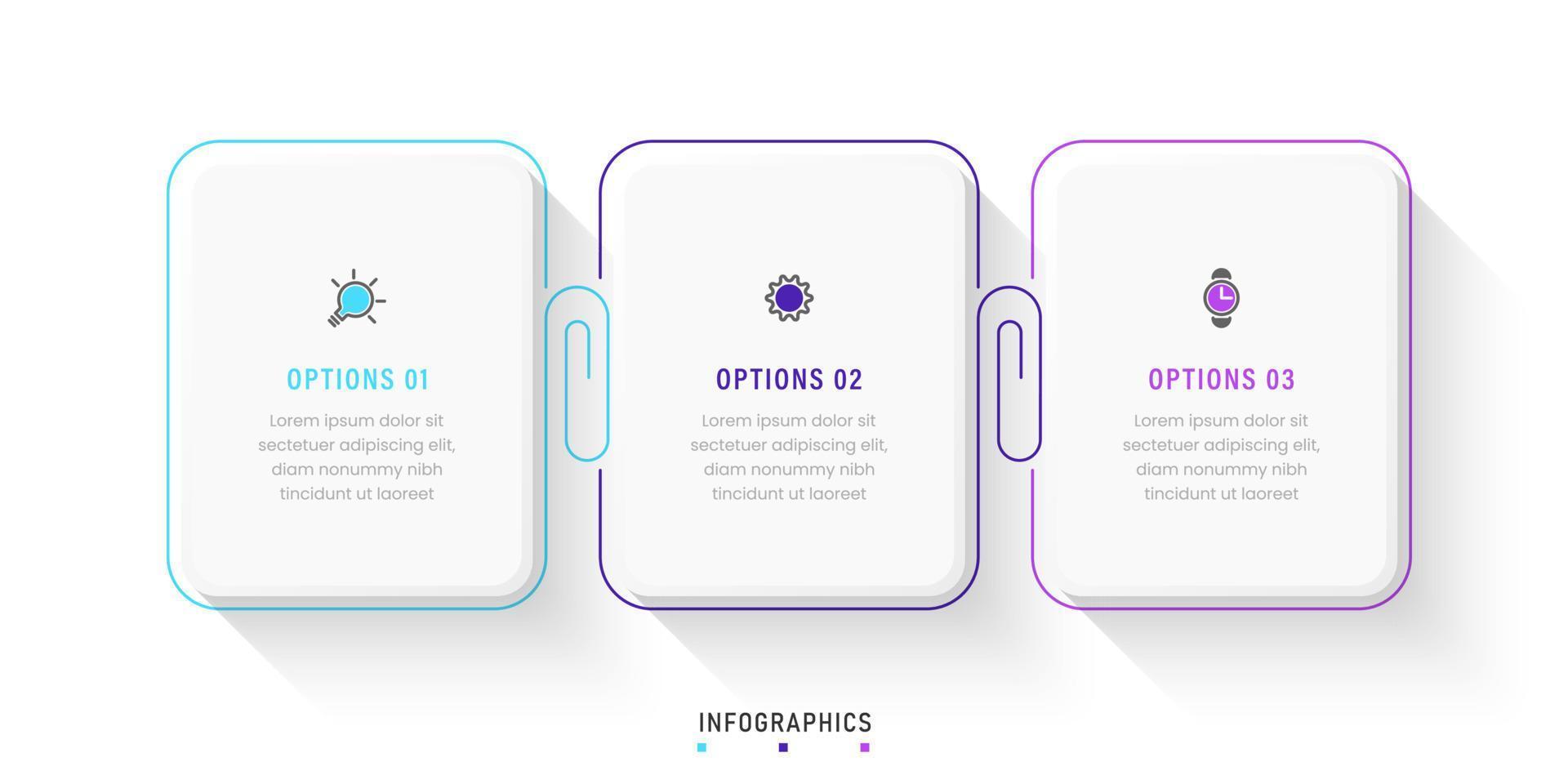 plantilla de diseño de etiquetas infográficas vectoriales con iconos y 3 opciones o pasos. se puede utilizar para diagramas de proceso, presentaciones, diseño de flujo de trabajo, banner, diagrama de flujo, gráfico de información. vector