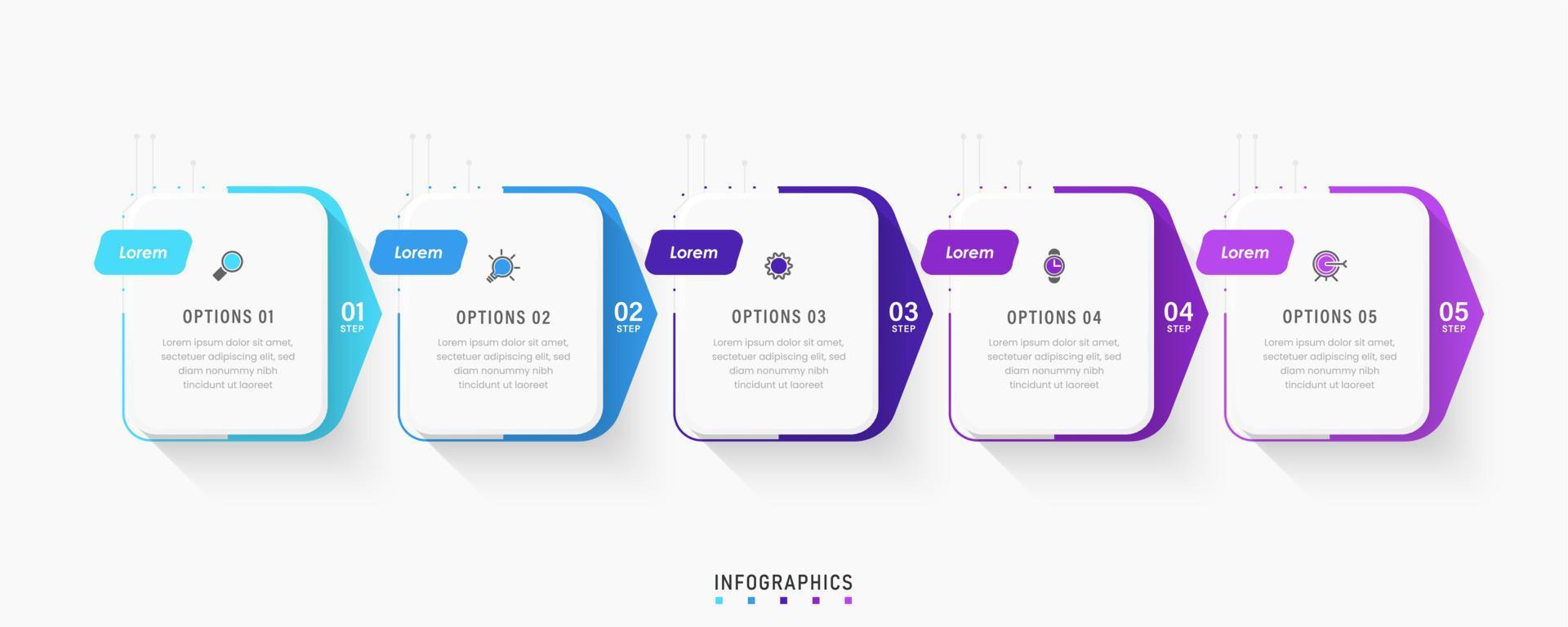 plantilla de diseño de etiquetas infográficas vectoriales con iconos y 5 opciones o pasos. se puede utilizar para diagramas de proceso, presentaciones, diseño de flujo de trabajo, banner, diagrama de flujo, gráfico de información. vector