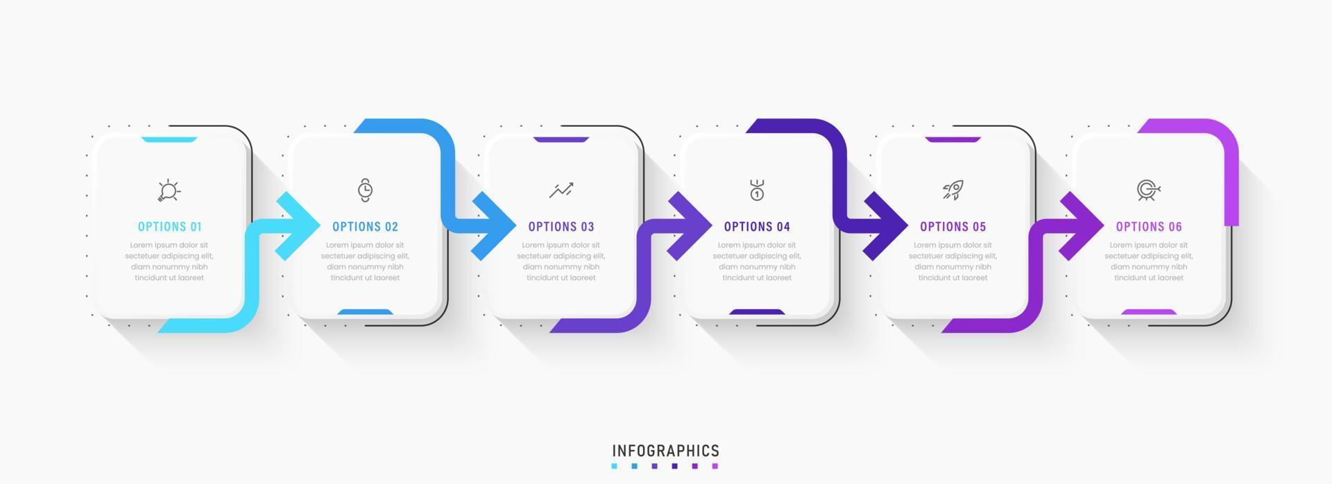 plantilla de diseño de etiquetas infográficas vectoriales con iconos y 6 opciones o pasos. se puede utilizar para diagramas de proceso, presentaciones, diseño de flujo de trabajo, banner, diagrama de flujo, gráfico de información. vector