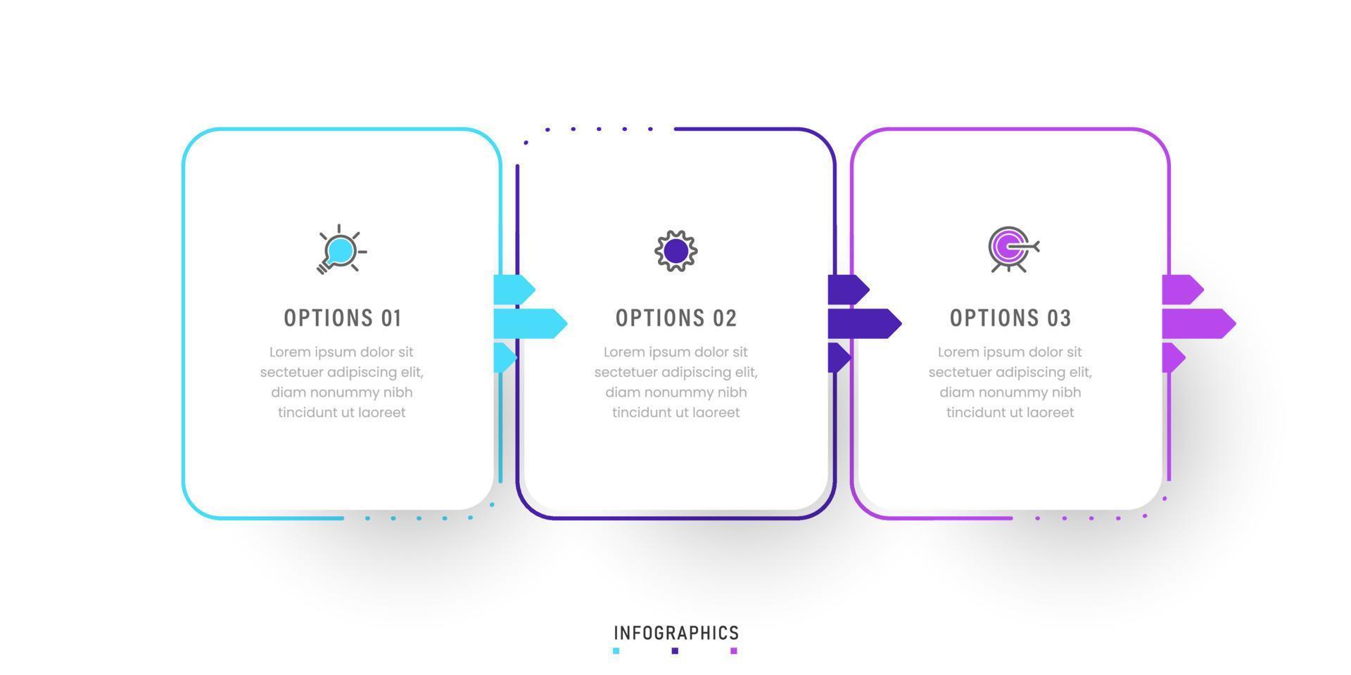 plantilla de diseño de etiquetas infográficas vectoriales con iconos y 3 opciones o pasos. se puede utilizar para diagramas de proceso, presentaciones, diseño de flujo de trabajo, banner, diagrama de flujo, gráfico de información. vector