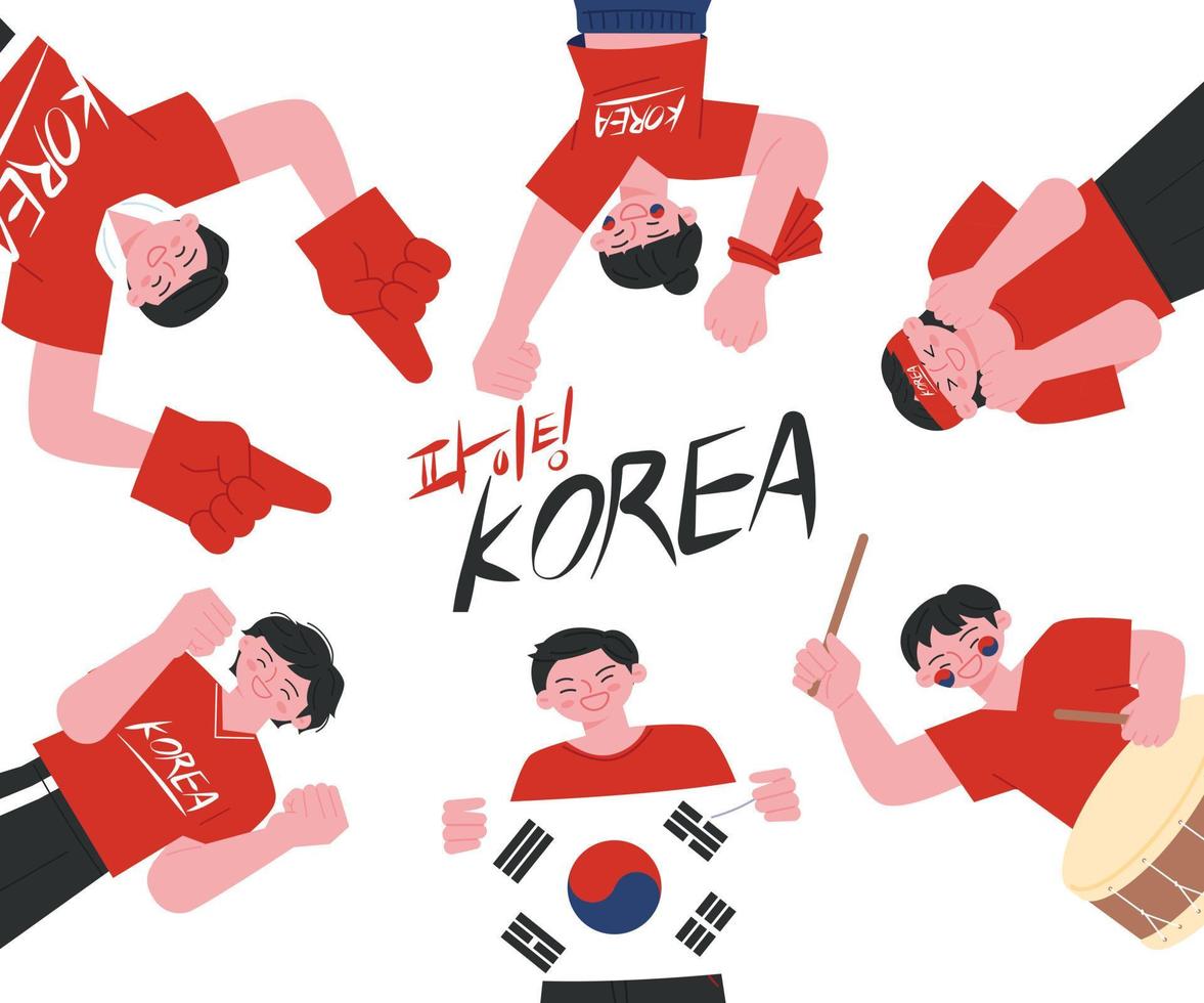 Soccer cheerleaders wearing red T-shirts are gathered in a circle. They are holding cheer tools and national flags. vector