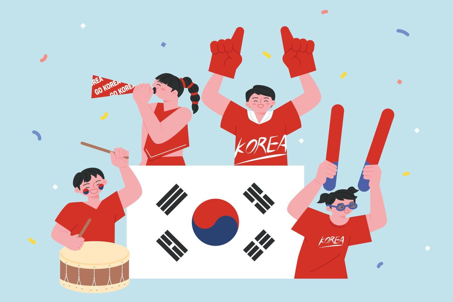 equipo de animadores de fútbol coreano diablos rojos. con el taegeukgi en el centro, la gente anima con herramientas de animación alrededor. vector