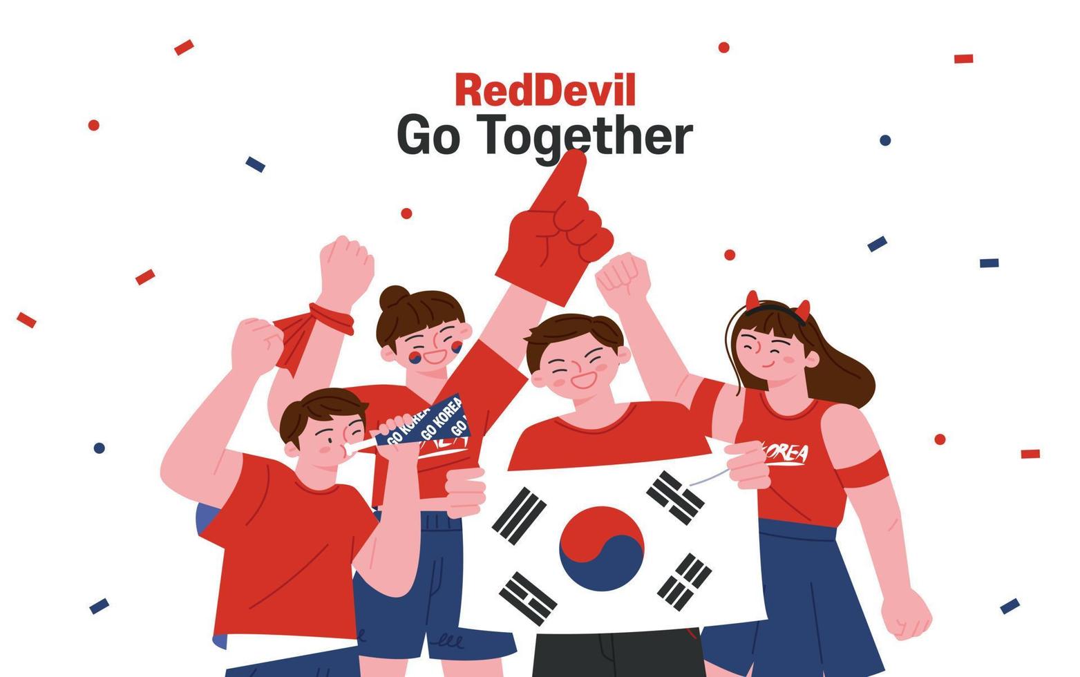 Korean football cheering team Red Devils. People with Taegeukgi and people with their hands up. vector