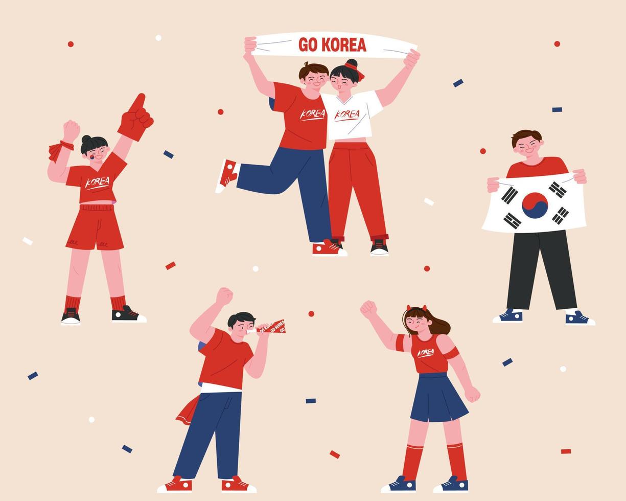 Korean football cheering team Red Devils. People are cheering together. People holding placards or holding Taegeukgi and shouting. vector