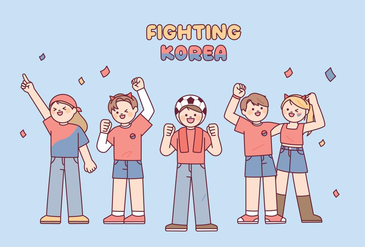 Korean football cheering team Red Devils. People in red t-shirts are cheering with their hands up. vector
