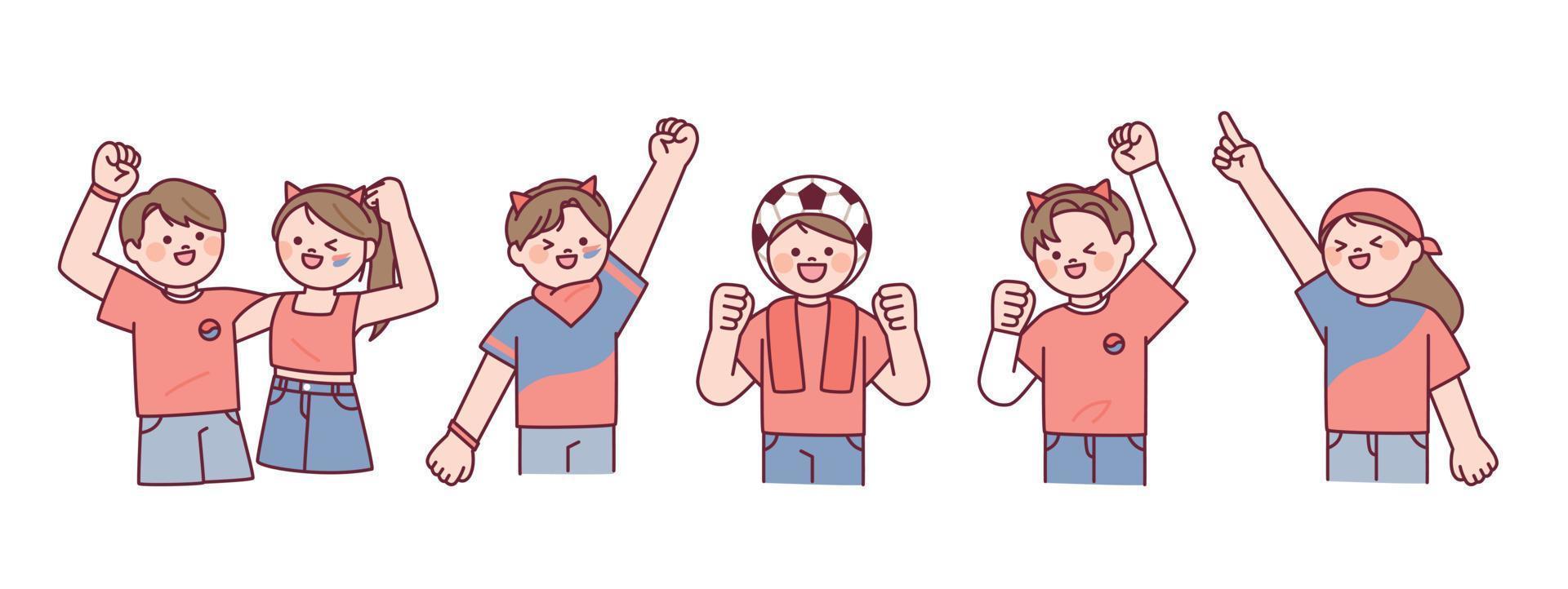 equipo de animadores de fútbol coreano diablos rojos. la gente con camisetas rojas está animando con las manos en alto. vector