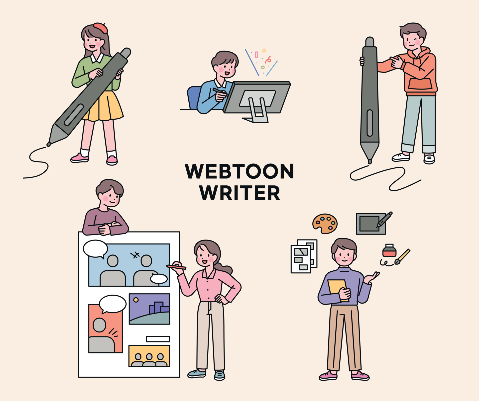 https://static.vecteezy.com/system/resources/previews/018/846/998/original/webtoon-cartoonists-people-holding-big-digital-pens-comic-book-page-and-author-explaining-a-tool-for-drawing-cartoons-vector.jpg