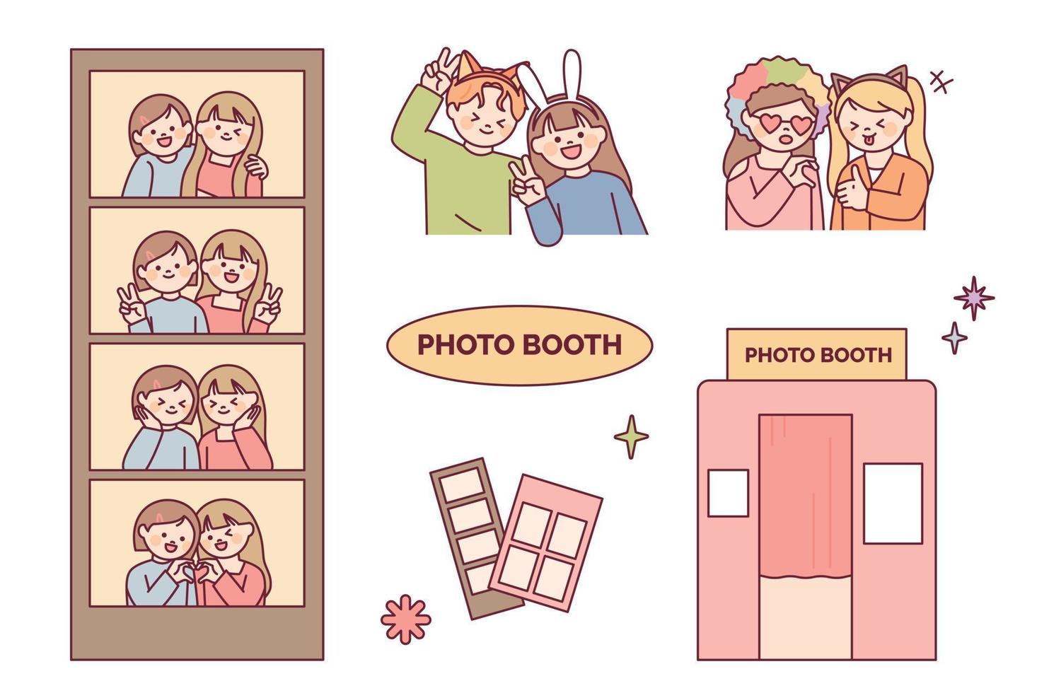 Take pictures at the photo booth. Friends and couples wearing funny headbands and doing cute poses. vector