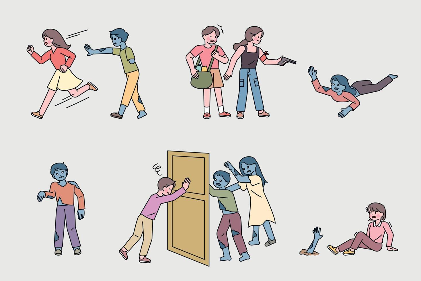 People fighting the chasing zombies. Zombie apocalypse world. vector