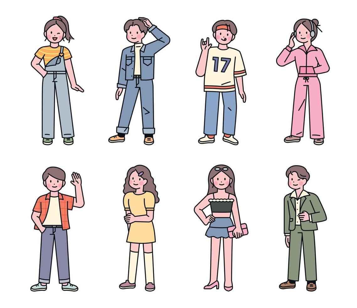 From the 90's. A collection of characters in the 90's fashion style. Cute illustration design with outline. vector