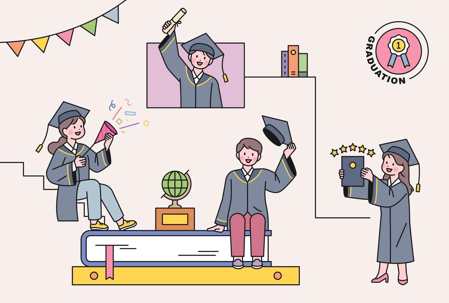 las personas con disfraces de graduación están sentadas en libros gigantes o tienen diplomas y celebran. vector