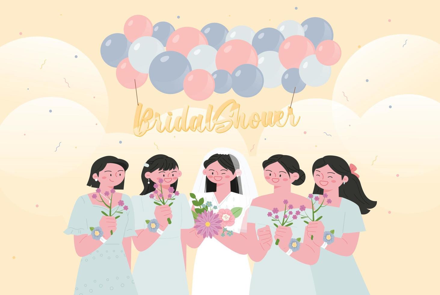 Friends are giving the bride a bridal shower party. Bridesmaids in dresses with bouquets. vector
