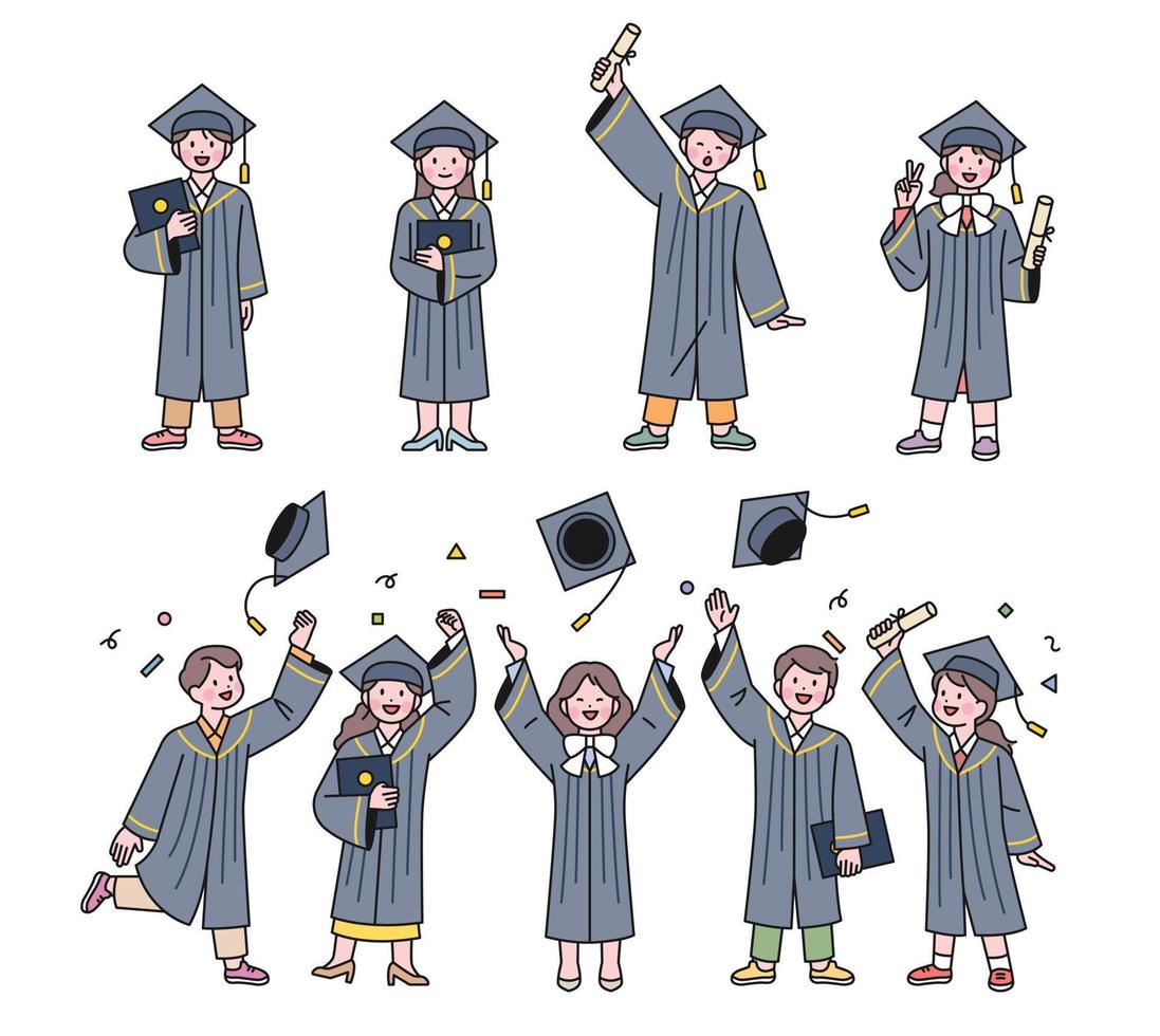 una colección de personajes graduados. los estudiantes vestidos con trajes de graduación sostienen sus diplomas y lanzan sus sombreros hacia arriba, regocijándose. vector