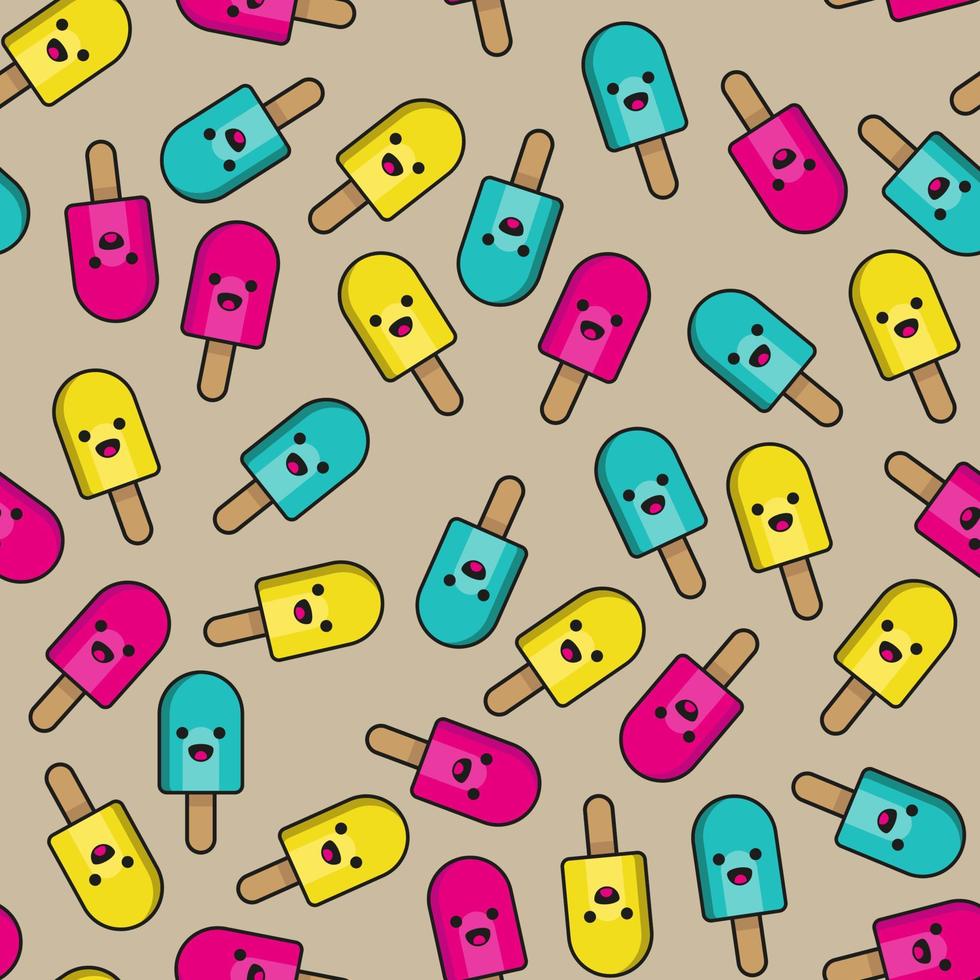 Repeating seamless pattern of ice creams with cute smiling face in CMYK colors on a brown background vector