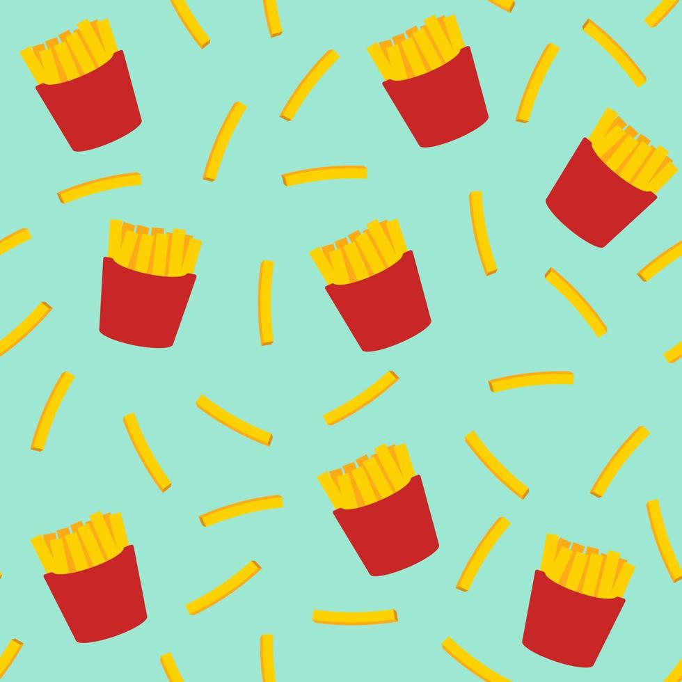 Seamless repeating pattern of french fries with flat shading on a light blue background vector