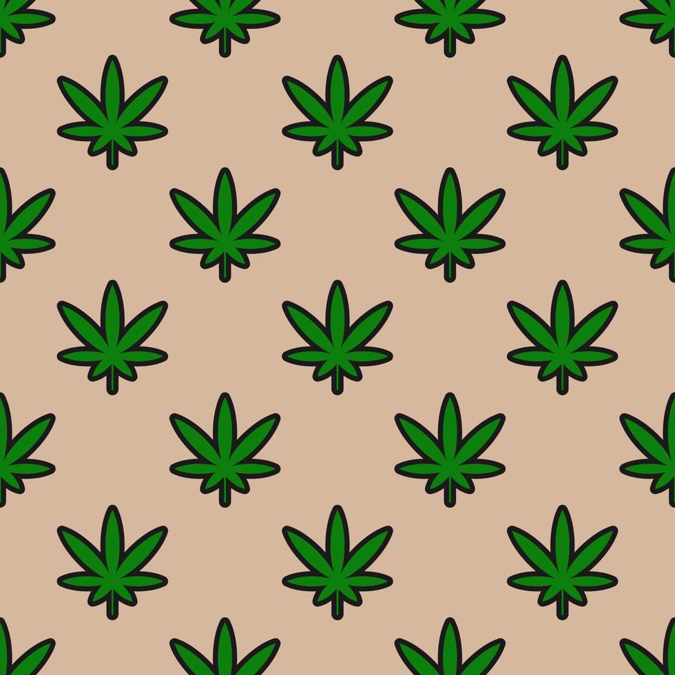 Seamless pattern with cannabis leaves on a beige background vector art illustration.