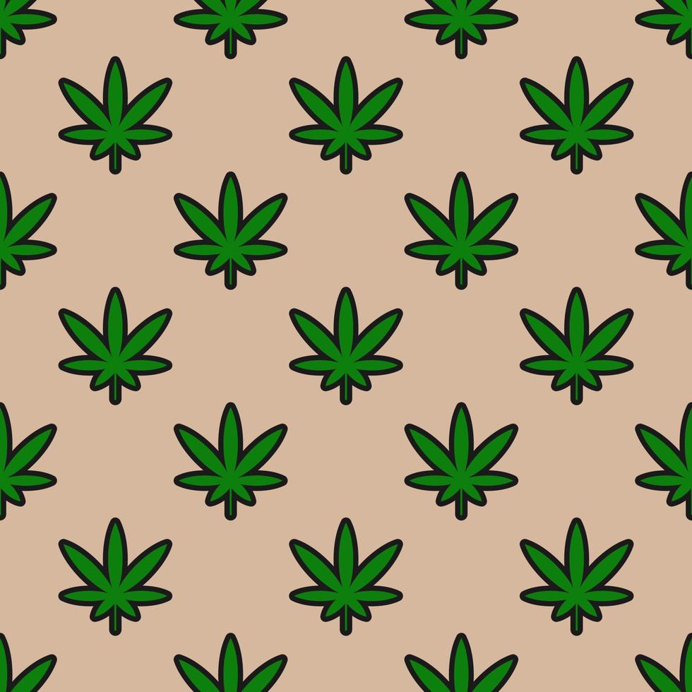 Seamless pattern with cannabis leaves on a beige background vector art illustration.