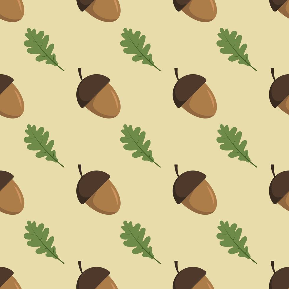 Seamless pattern with acorn and oak leaf on a beige background vector art illustration