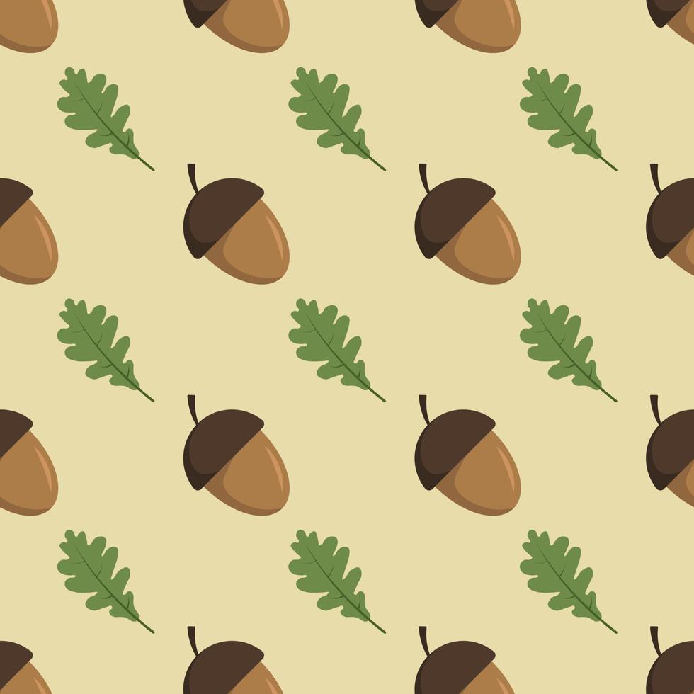 Seamless pattern with acorn and oak leaf on a beige background vector art illustration